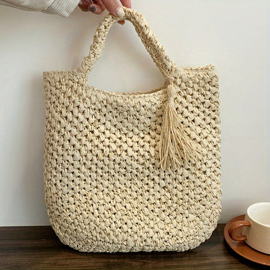 Large Capacity Straw Handbag Lightweight Braided Satchel Bag With Tassel