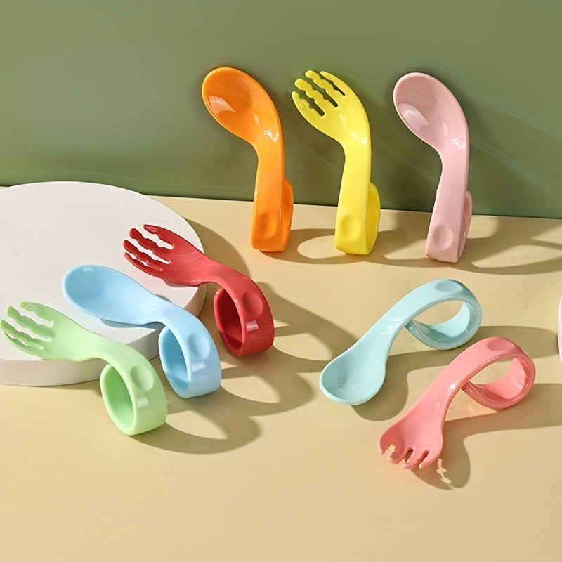 Kids Training Spoon Curved Handle Fork Spoon Set with Storage Box
