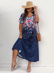  Floral Print Short Sleeve Maxi Dress With Pockets