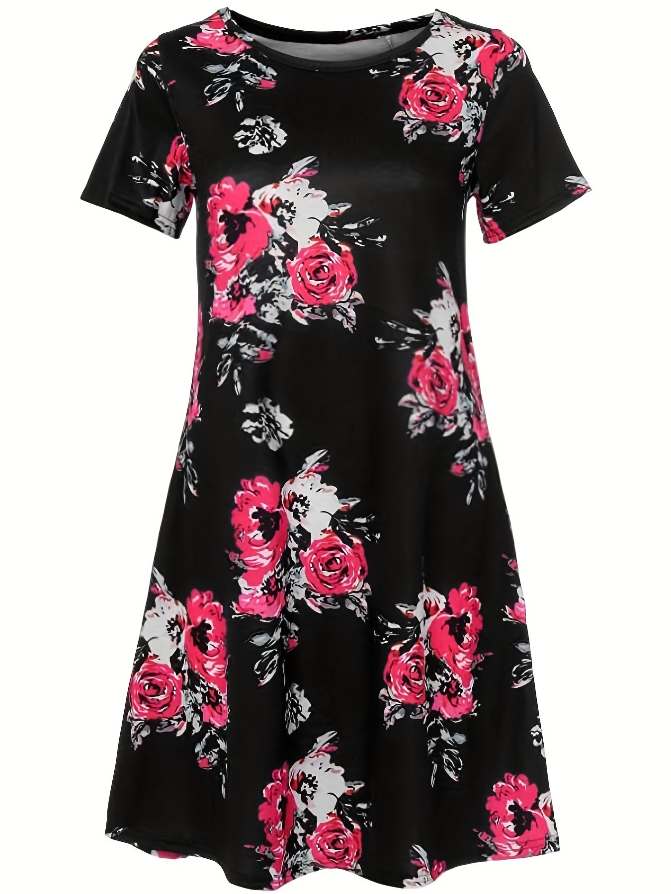  Women's Rose Print Short Sleeve Midi Dress With Pockets