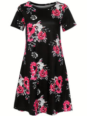  Women's Rose Print Short Sleeve Midi Dress With Pockets