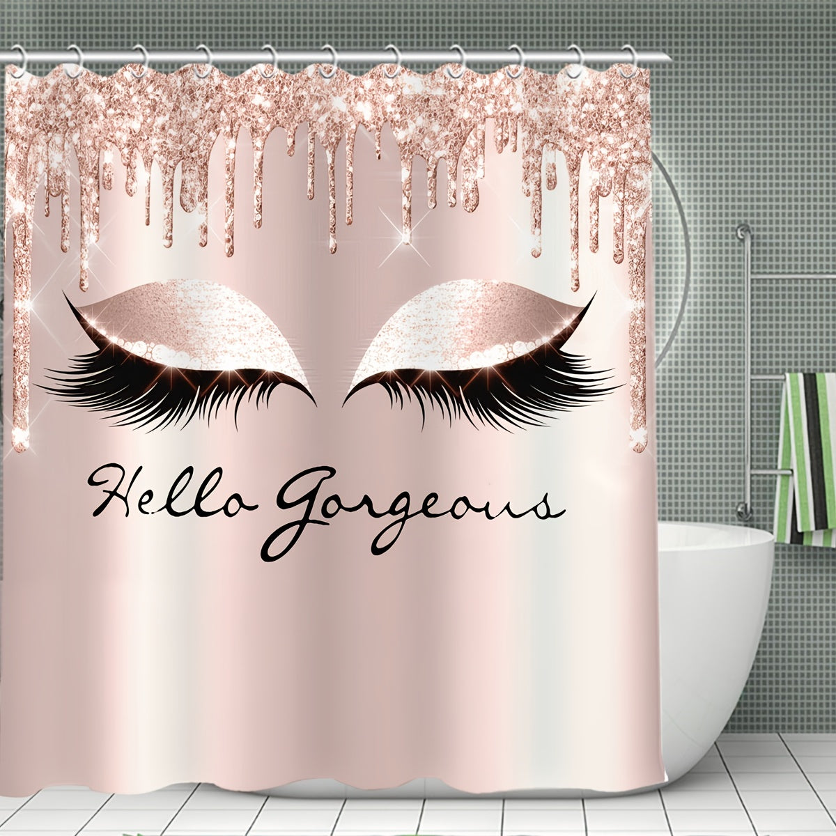Glitter Eyelash Bathmat & Shower Curtain Set with 12 Hooks