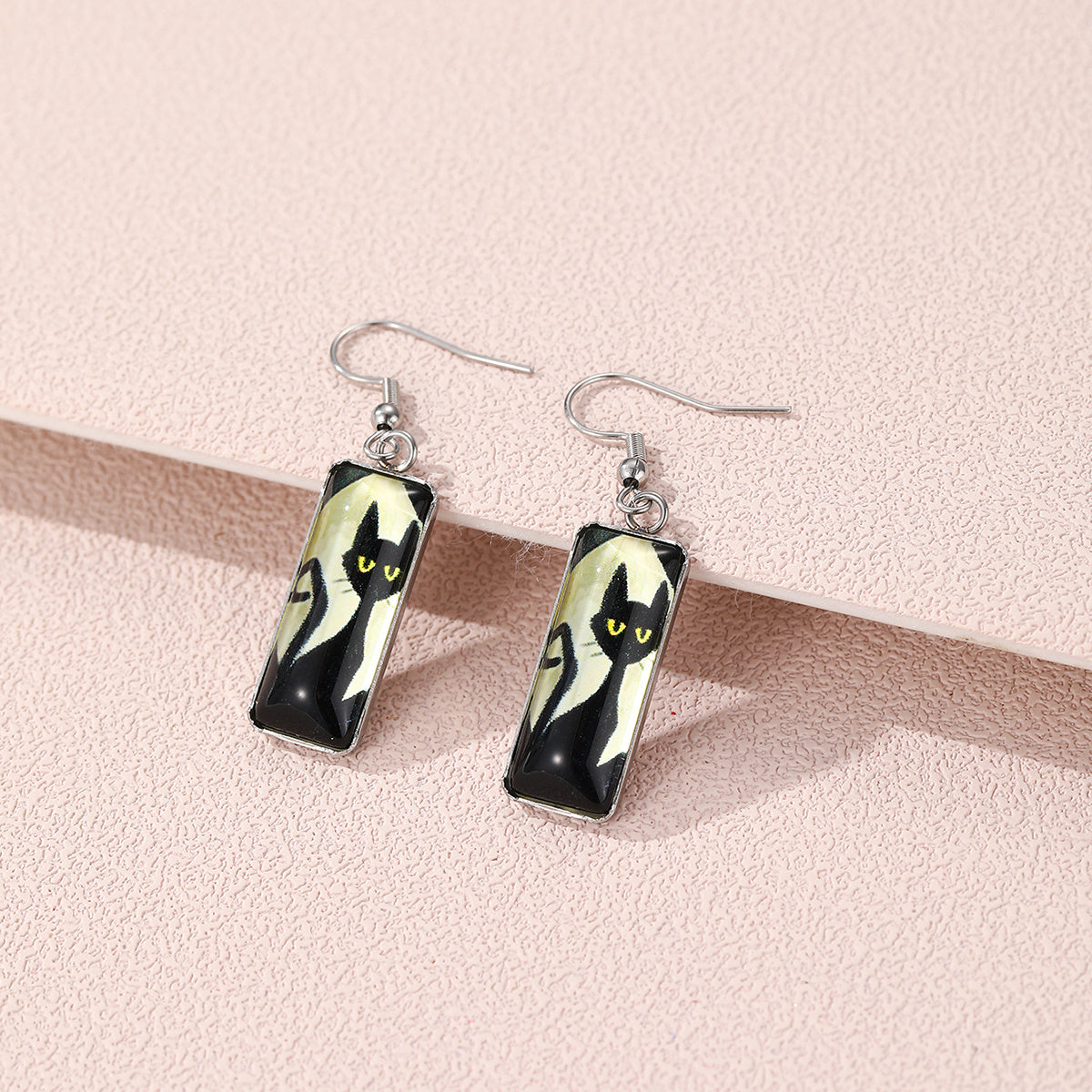 Cat Pattern Rectangle Drop Hook Earrings Jewelry Kitten Animal Party