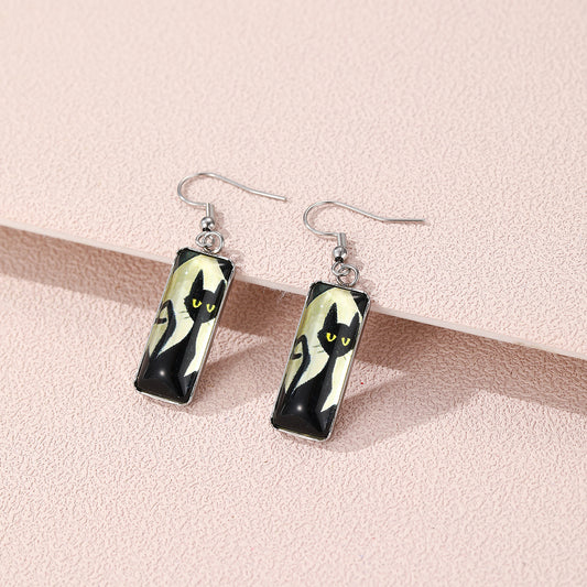 Cat Pattern Rectangle Drop Hook Earrings Jewelry Kitten Animal Party