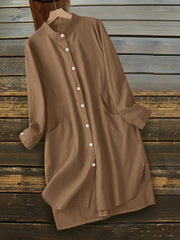  Plaid Print Button Up Stand Collar Longline Shirt