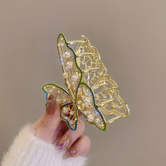 Butterfly Faux Pearl Hair Claw Rhinestone Back Head Clip Female