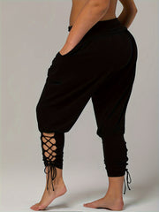  Casual Pants Women's Plus Plain High Rise Lace Up Medium Stretch Pants