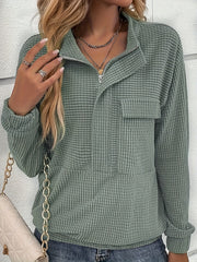  Solid Waffle Knit Half Zipper Top