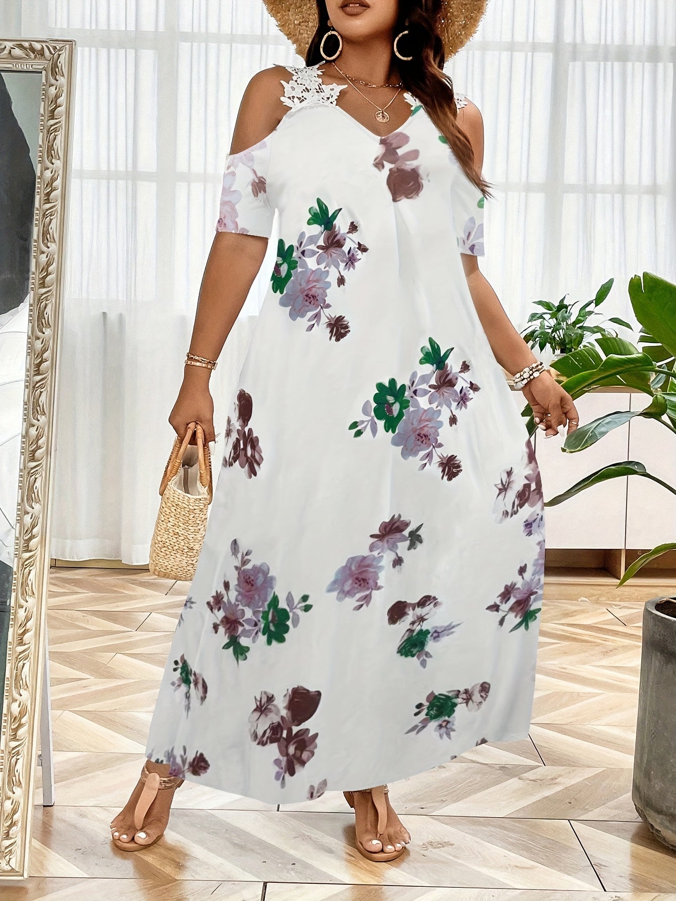  Women's Floral Print Lace Maxi Dress