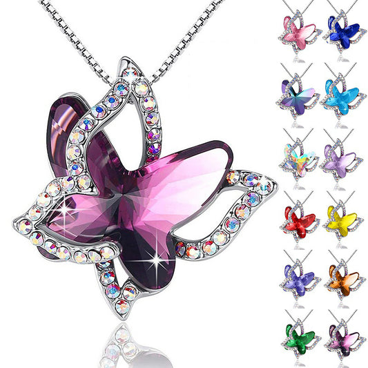 12-Month Birthstone Butterfly Pendant Necklace for Mother's Anniversary Birthday