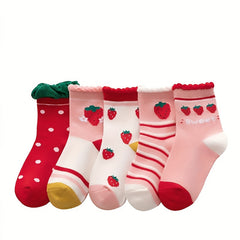 5pairs Girls Sweat Cartoon Strawberry Dot Stripe Pattern Lace Crew Socks