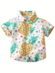 Blooming Flower Print Boys Top Short Sleeve Lapel Shirt for Summer