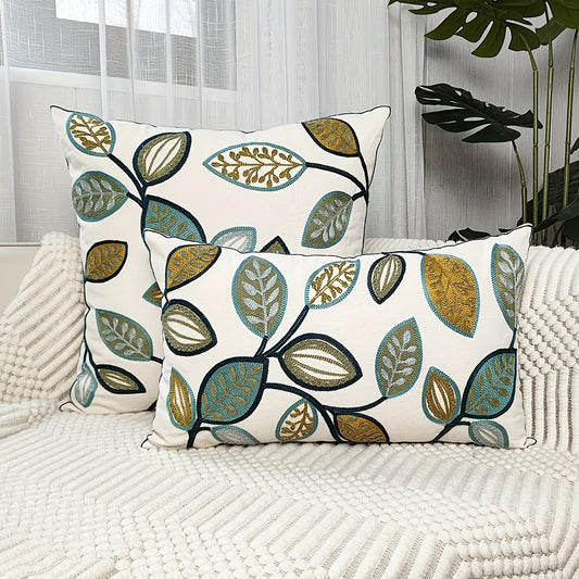 Leaf Embroidered Canvas Throw Pillow Cover for Home Decor