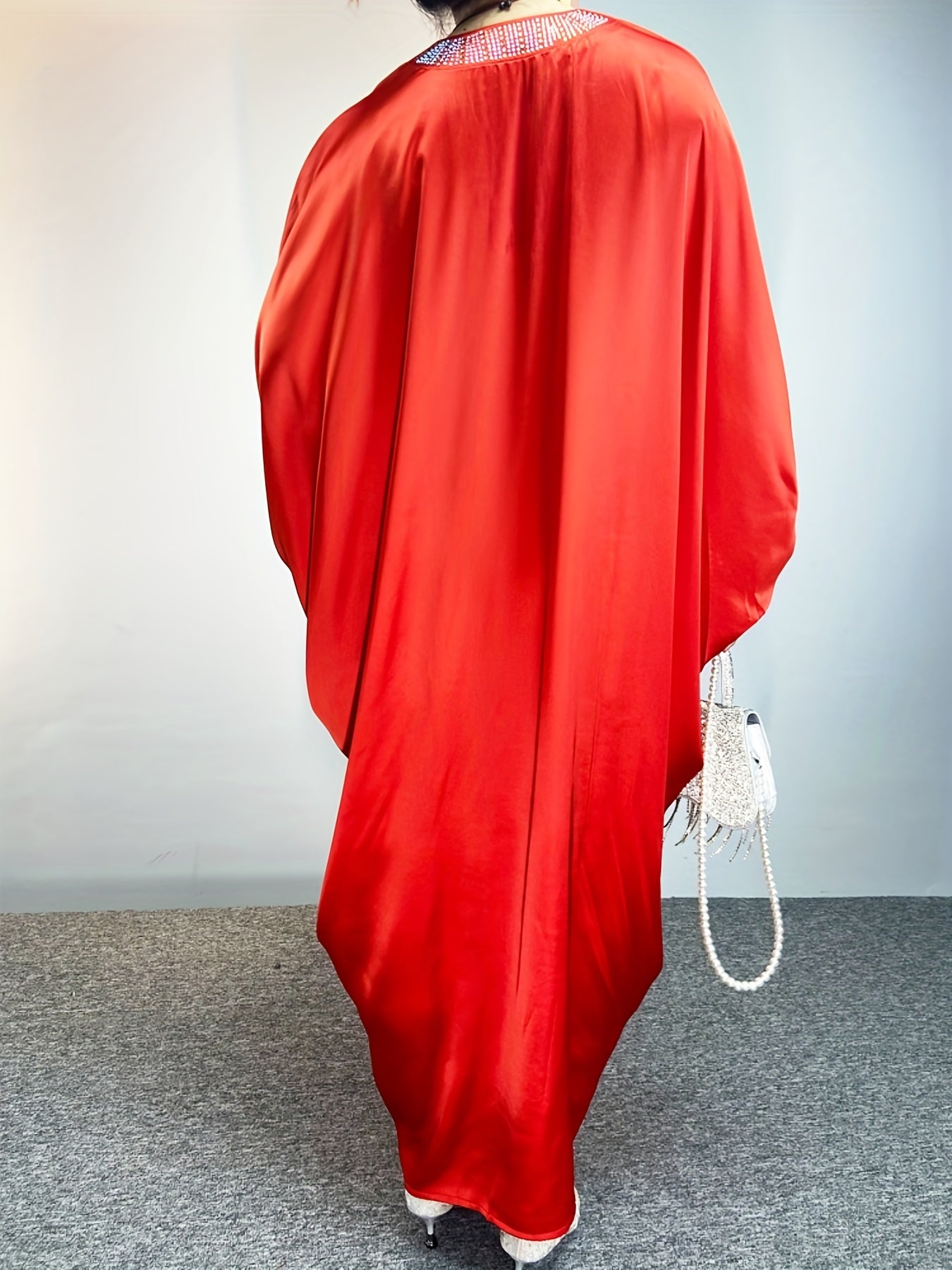  Glitter Rhinestone Satin Batwing Maxi Dress