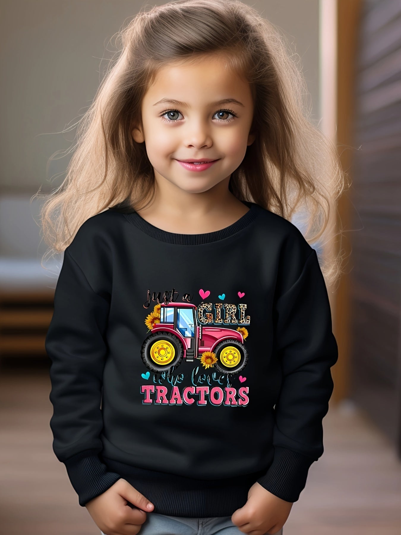 Girls Truck Pattern Crew Neck Sweatshirt for Spring Fall