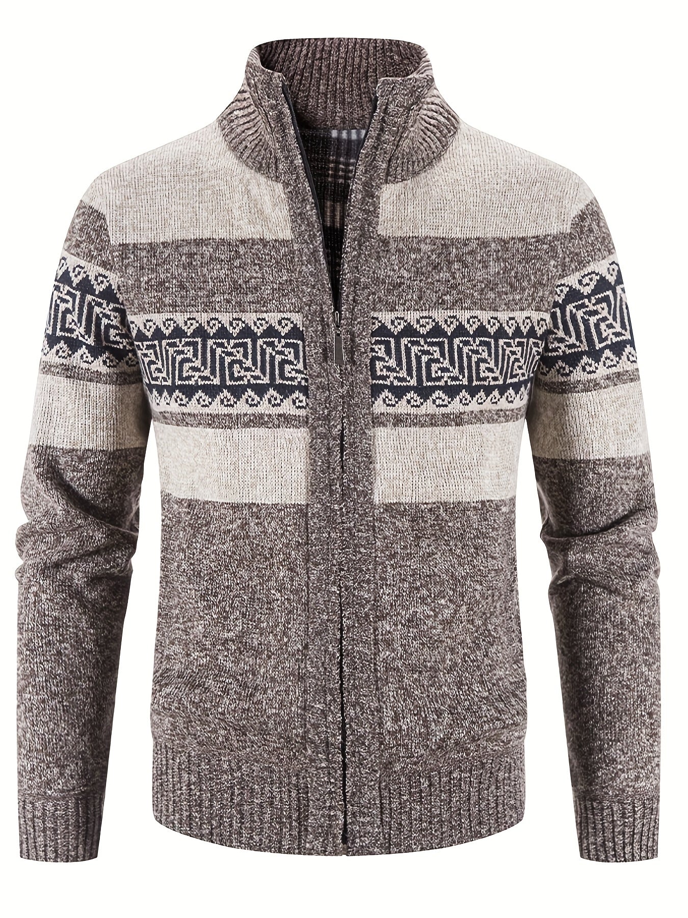 Geometric Pattern Stand Collar Cardigan Men's Zip Up Jacket