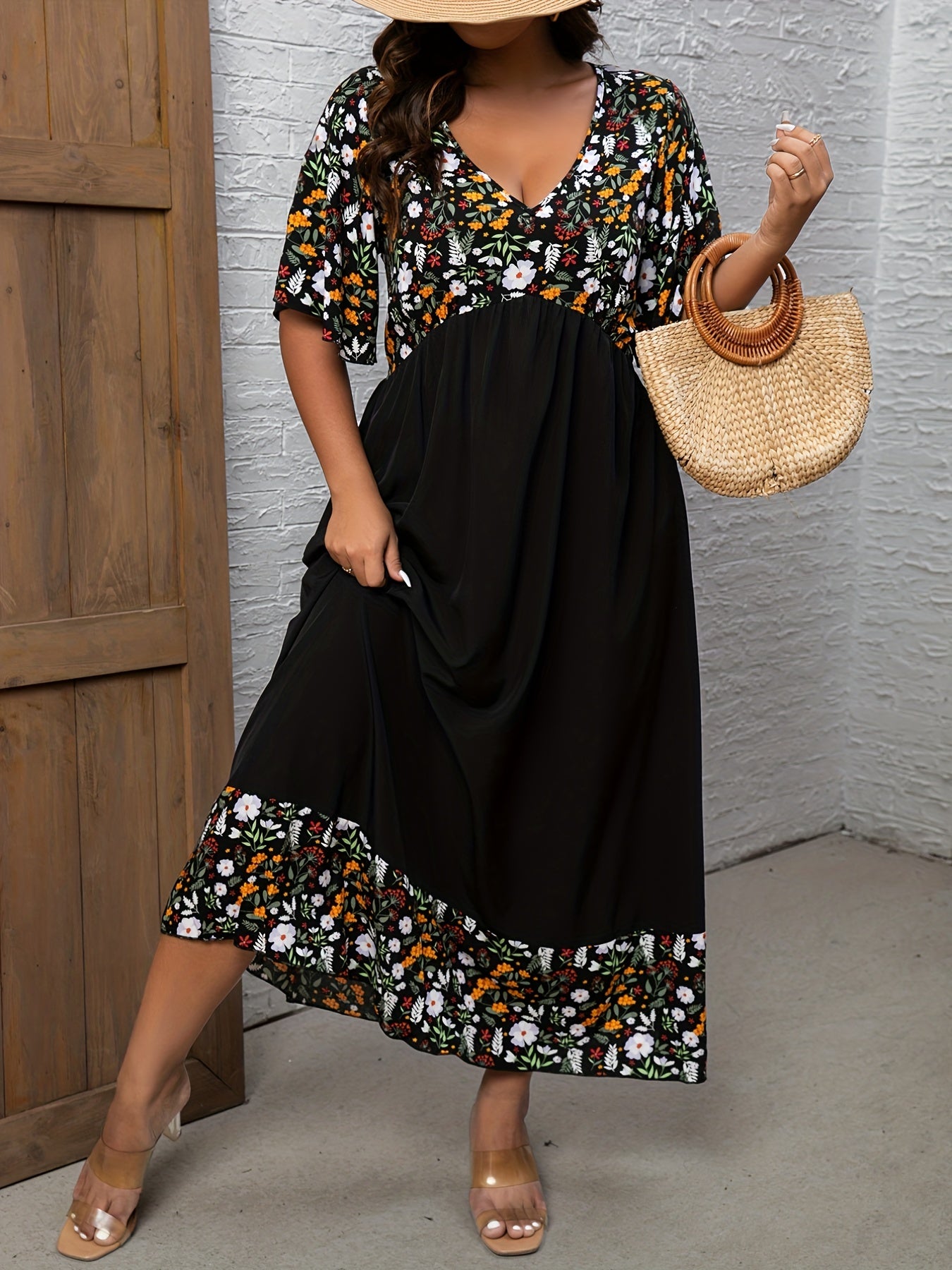  Colorblock Ditsy Print V Neck Maxi Dress