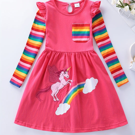 Unicorn Cotton Dress For Girls Long Sleeve Playwear
