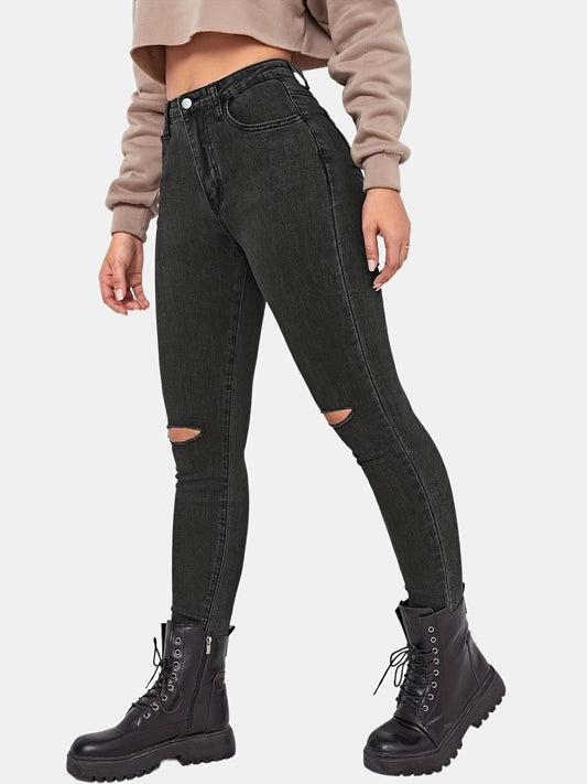 Ripped Holes Skinny Jeans Slim Fit Slash Pockets Mid Stretch Denim Pants
