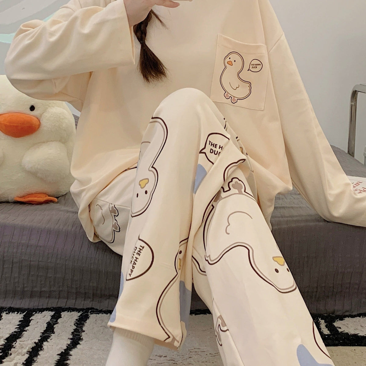 Duck Print Pajama Set Long Sleeve Top & Elastic Waistband Pants