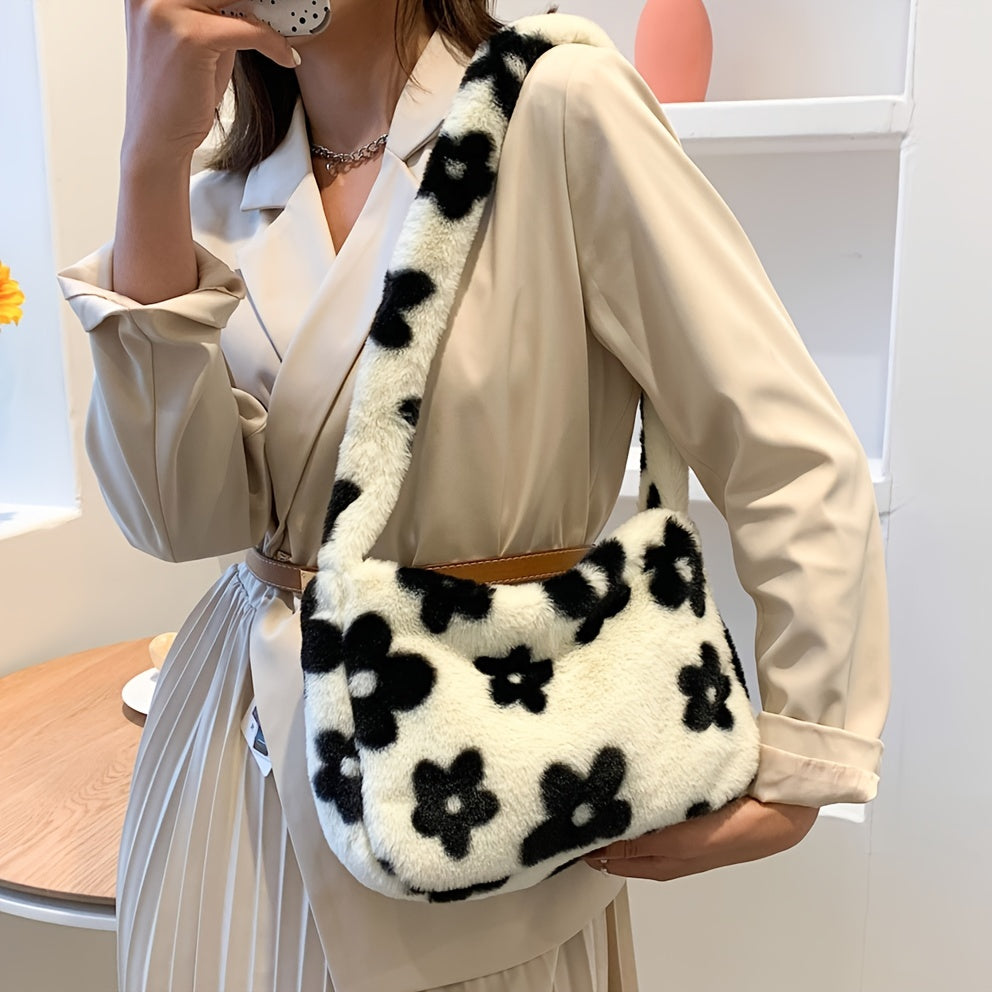 Flower Graphic Plush Shoulder Bag Large Capacity Casual Hand Bag
