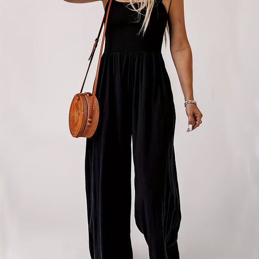 Solid Wide Leg Jumpsuit with Suspender | Women's Clothing