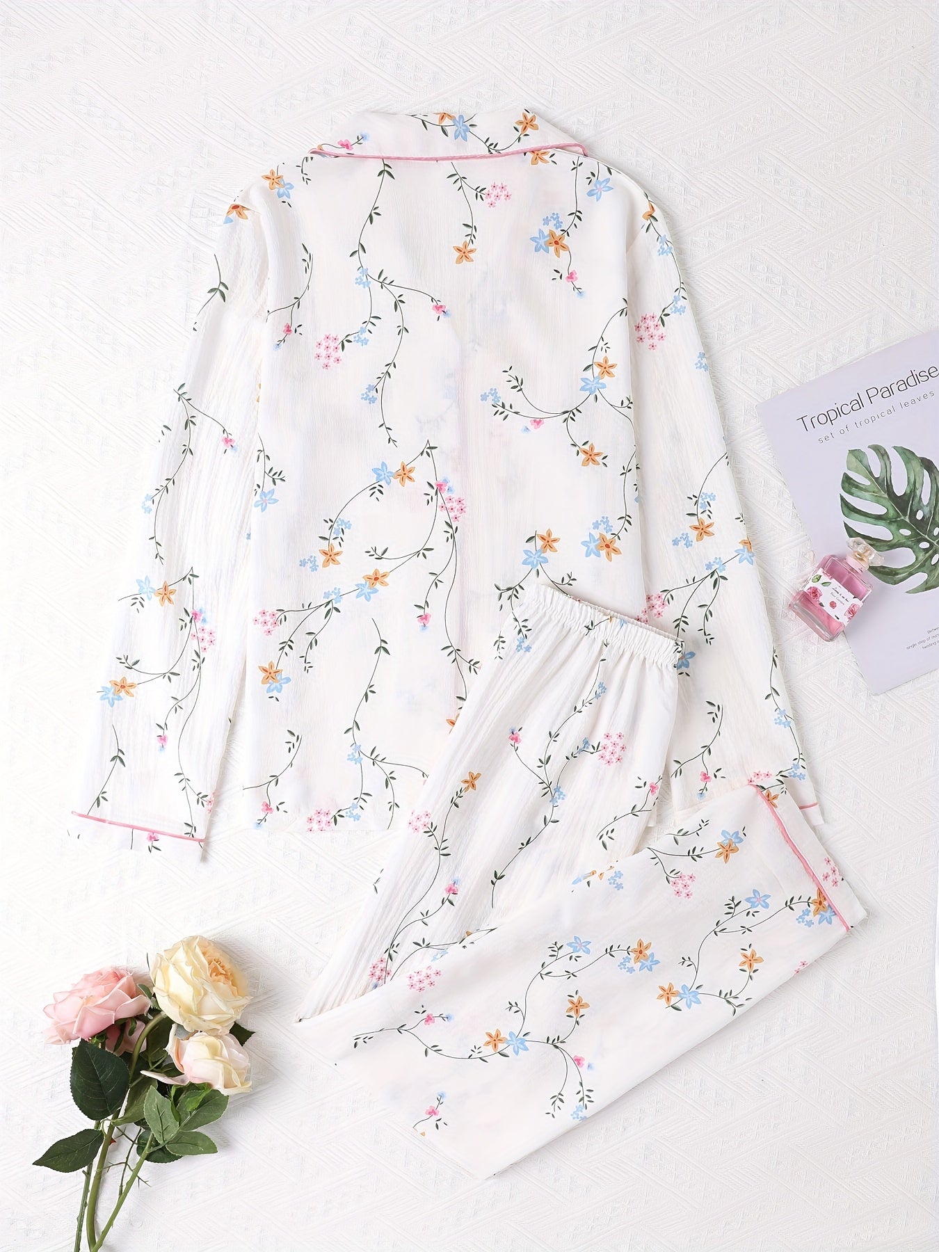 Floral Print Pajama Set Long Sleeve Top & Pants Women's Sleepwear
