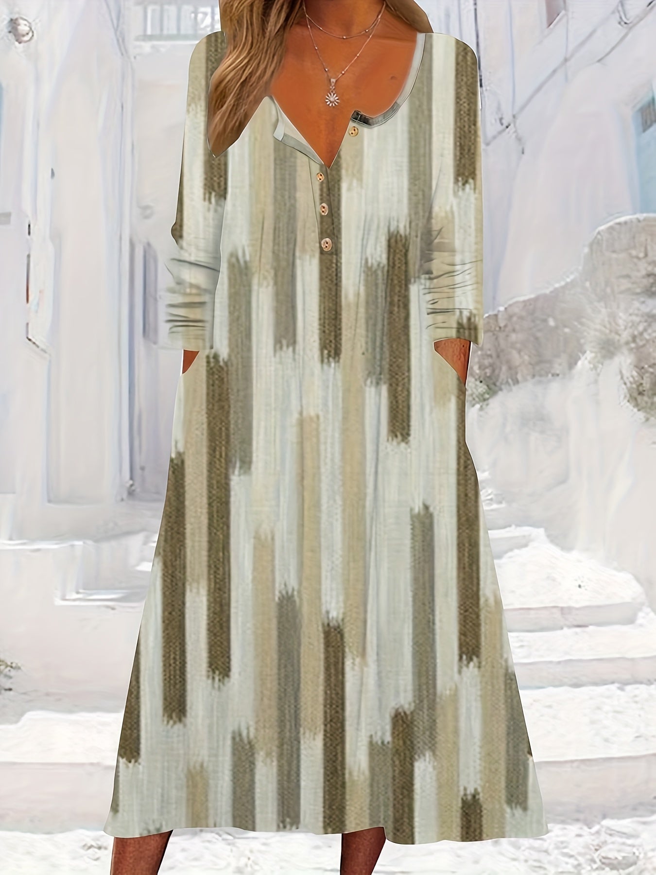  Brush Print Button Up Long Sleeve V Neck Dress