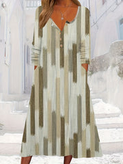  Brush Print Button Up Long Sleeve V Neck Dress