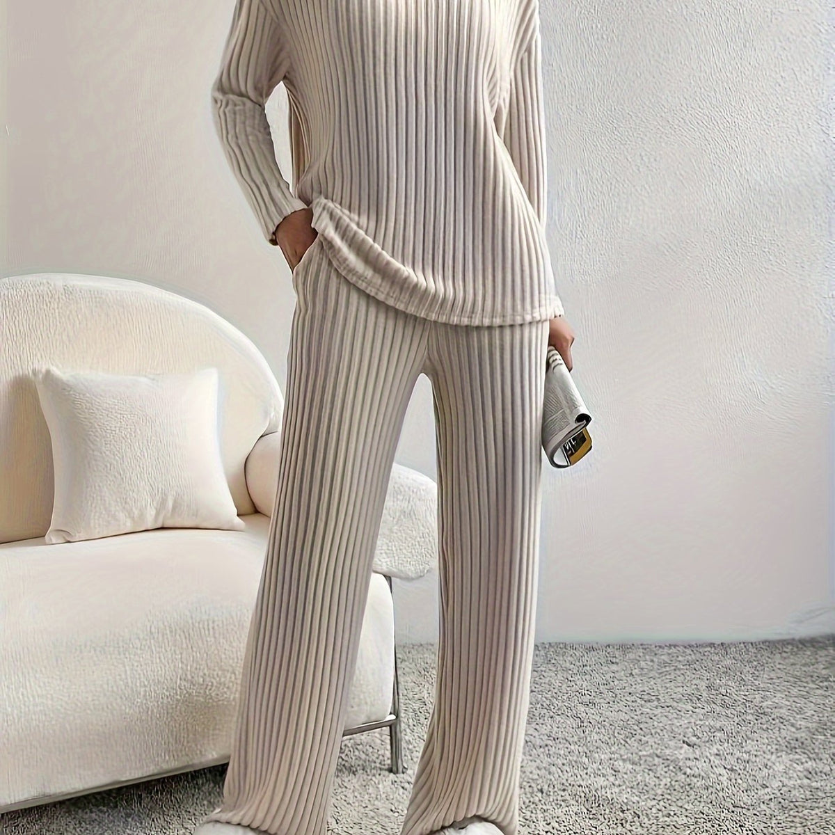  Solid Ribbed Long Sleeve V Neck Top & Pants Outfit Set