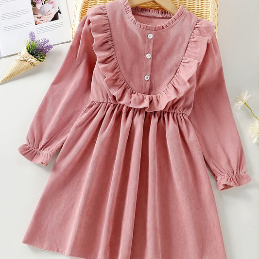 Girls Ruffled Pink Long-sleeved Dress