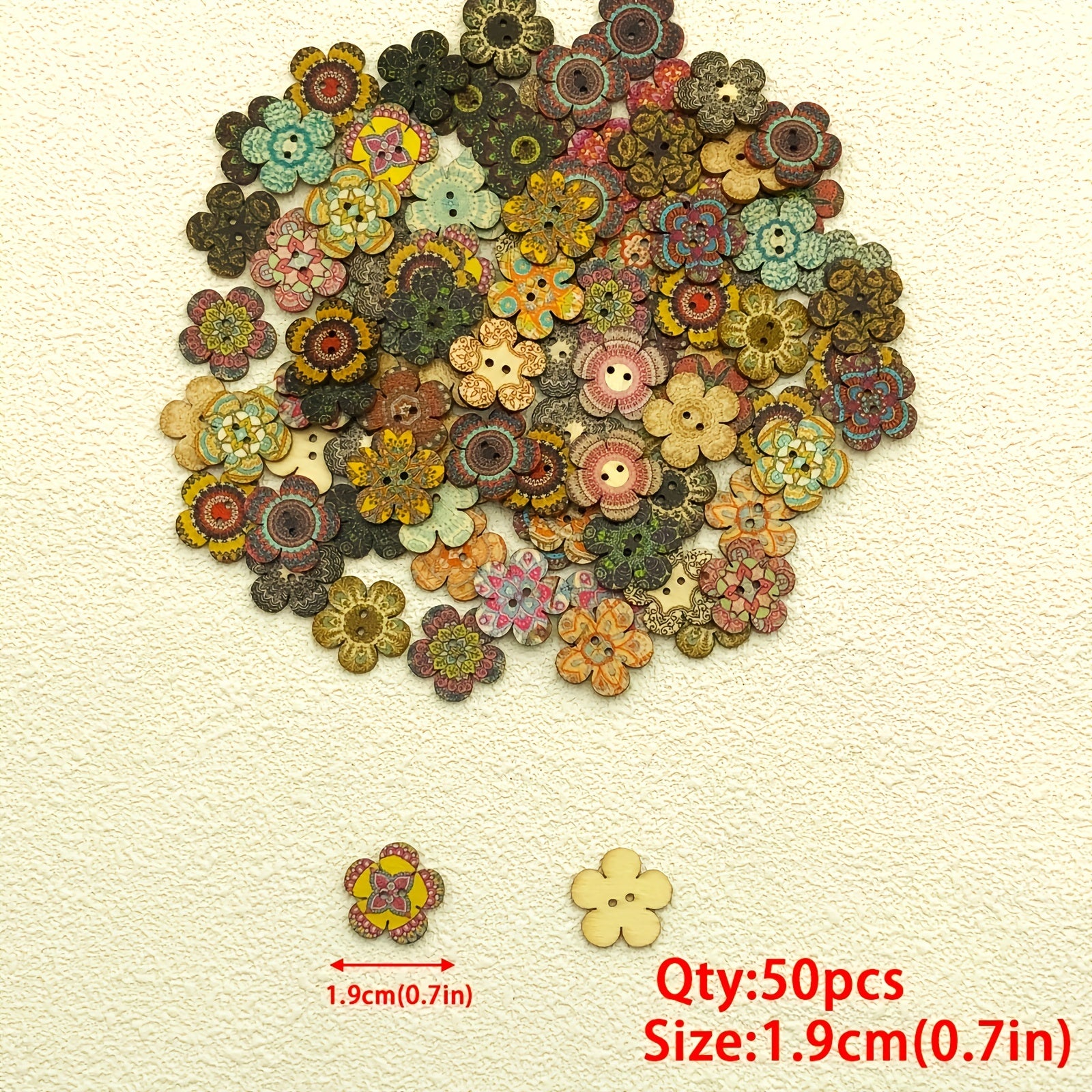 50pcs Retro Painted Flower 2 Holes Wooden Buttons DIY Sewing Decor