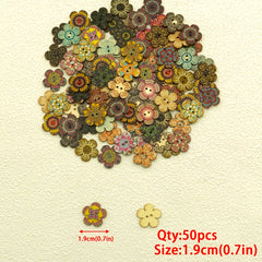 50pcs Retro Painted Flower 2 Holes Wooden Buttons DIY Sewing Decor