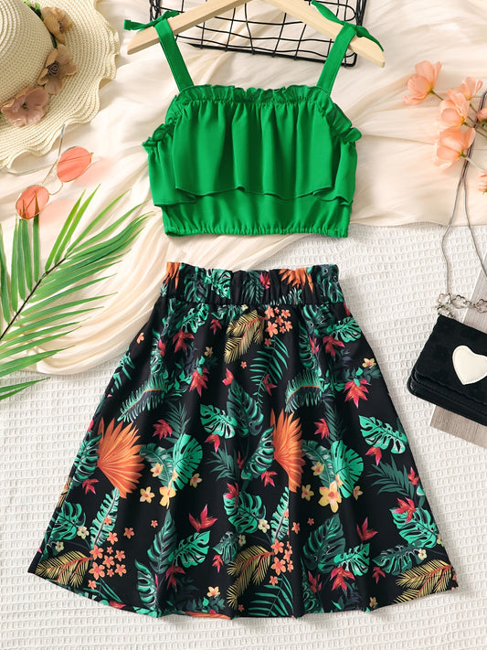 2pcs Toddler Girls Ruffle Cami Crop Tops & Leaf Skirt Set Kids Summer Clothes