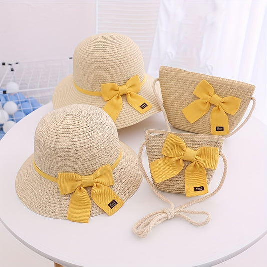 Children's Sun Hat and Bag Set - Straw Hat, Coin Purse, Beach Hat, Messenger Bag
