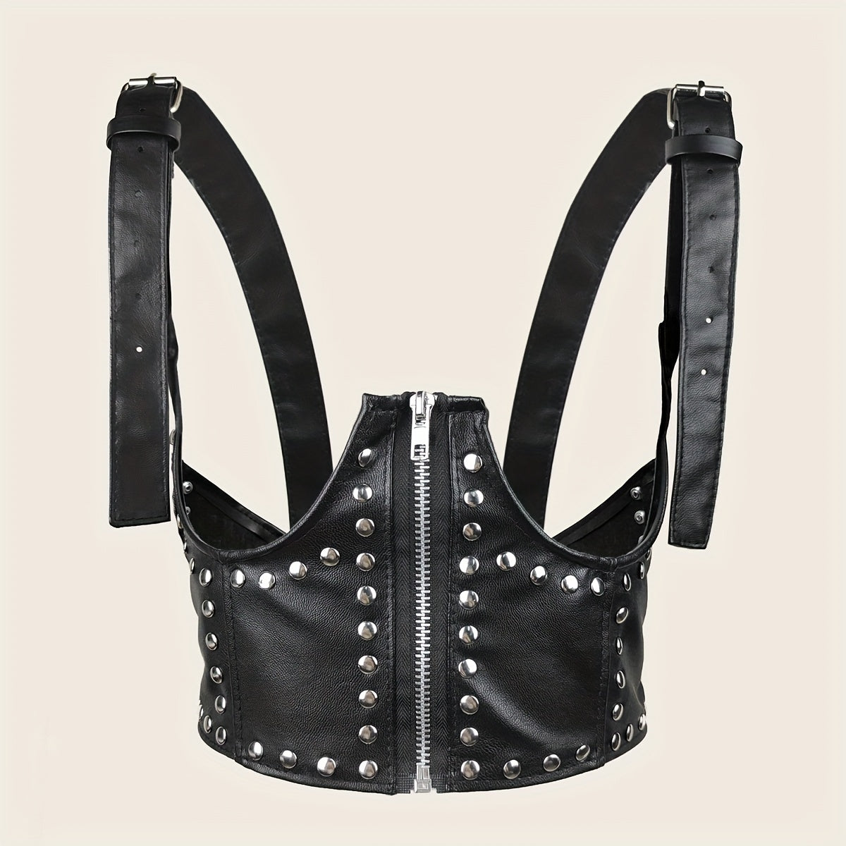 Punk Rivet Zipper Body Harness Corset Belt PU Leather Underbust Waistband