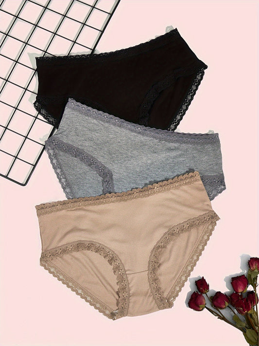 3 Pack Plus Size Lace Trim Seamless Briefs Set