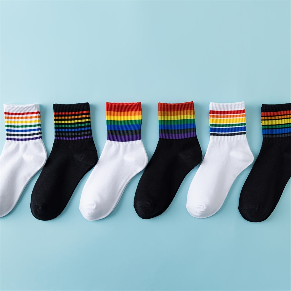 Women's Rainbow Striped Crew Socks Casual & Comfy