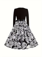 Colorblock Skull & Floral Print Plus Size Goth Dress
