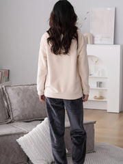 Bear Print Fuzzy Lounge Set Long Sleeve Top & Elastic Waistband Pants