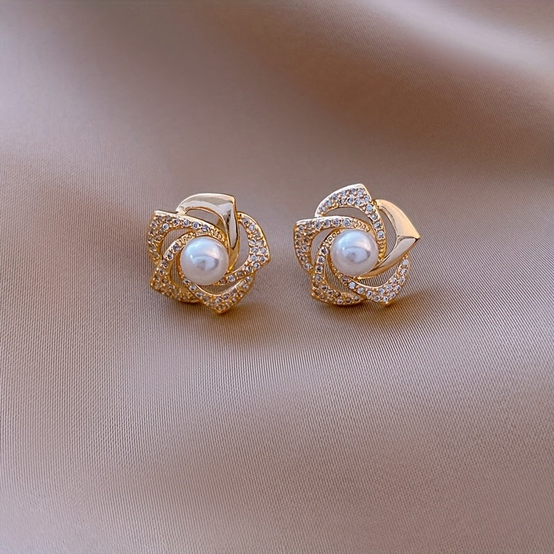 Vintage Rose Flower Rhinestone Pearl Stud Earrings Jewelry Gift