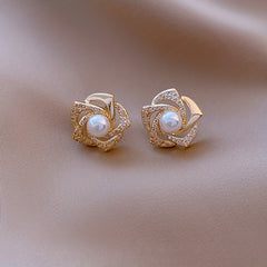 Vintage Rose Flower Rhinestone Pearl Stud Earrings Jewelry Gift