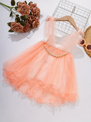 Girls Mesh Cover Up Overall Dress With Pearl Chain Decor