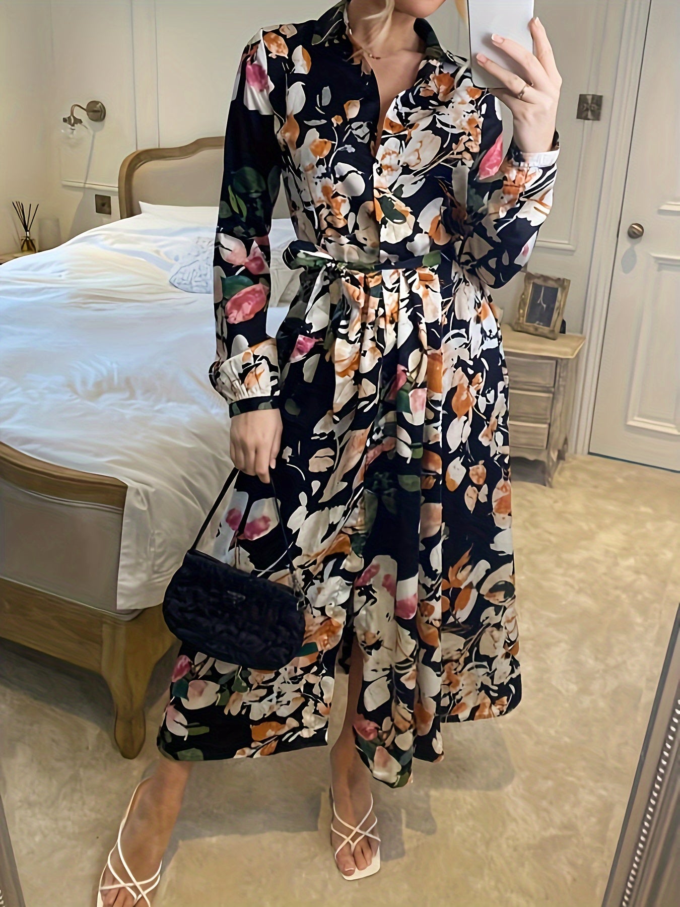 Women's Plus Floral Print Button Up Lapel Collar Midi Dress