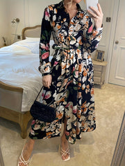 Women's Plus Floral Print Button Up Lapel Collar Midi Dress