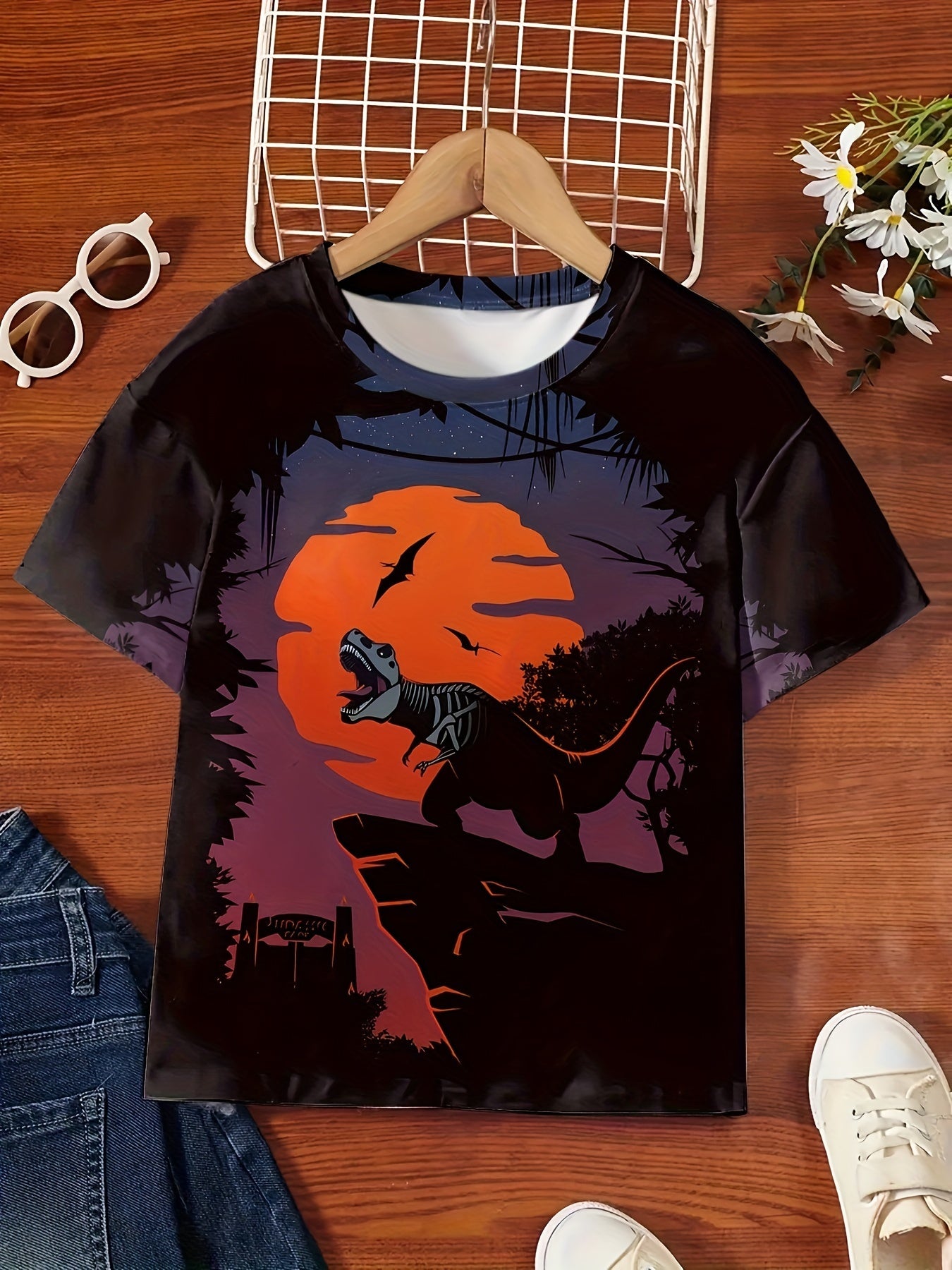 3D Midnight Dino Print Short Sleeve T shirt Boys Girls Summer Sports