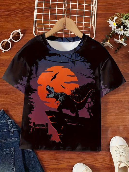 3D Midnight Dino Print Short Sleeve T shirt Boys Girls Summer Sports