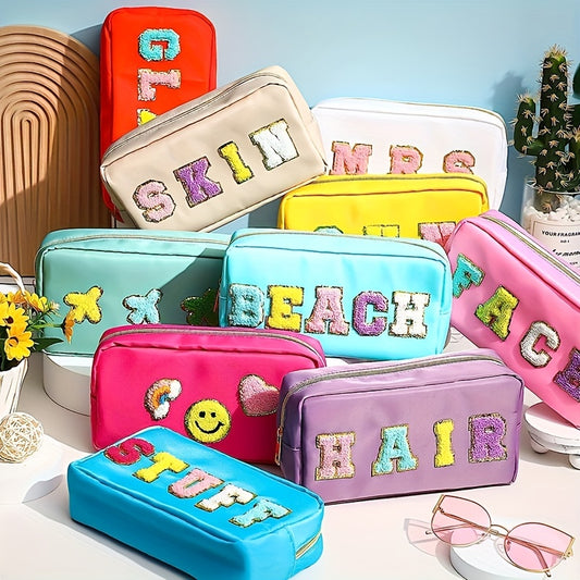 Preppy Patch Makeup Bag with Embroidered Letter