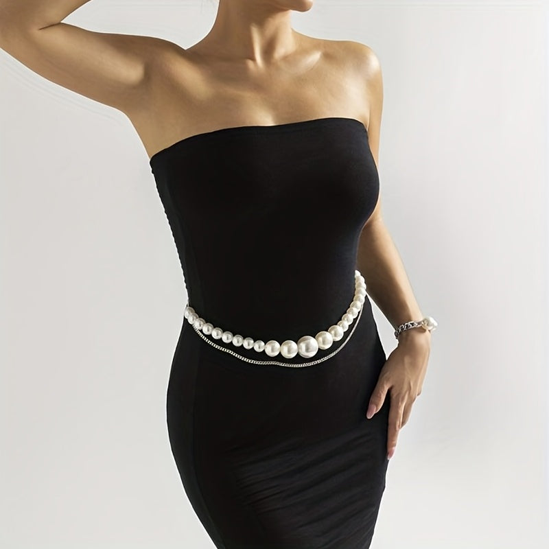 Faux Pearl Waist Chain Double Layer Metal Chain Belt Decorative Dress Girdle