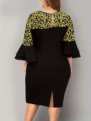  Floral Print Bell Sleeve Bodycon Dress